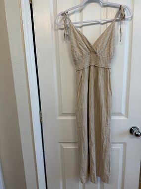 Lovestitch Striped Beige and White Tie-Shoulder Linen Blend Midi Dress